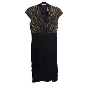 Tadashi Shoji Dress Womens 4 Black Nude Beaded Mesh V-Neck Cap Sleeve Sheath